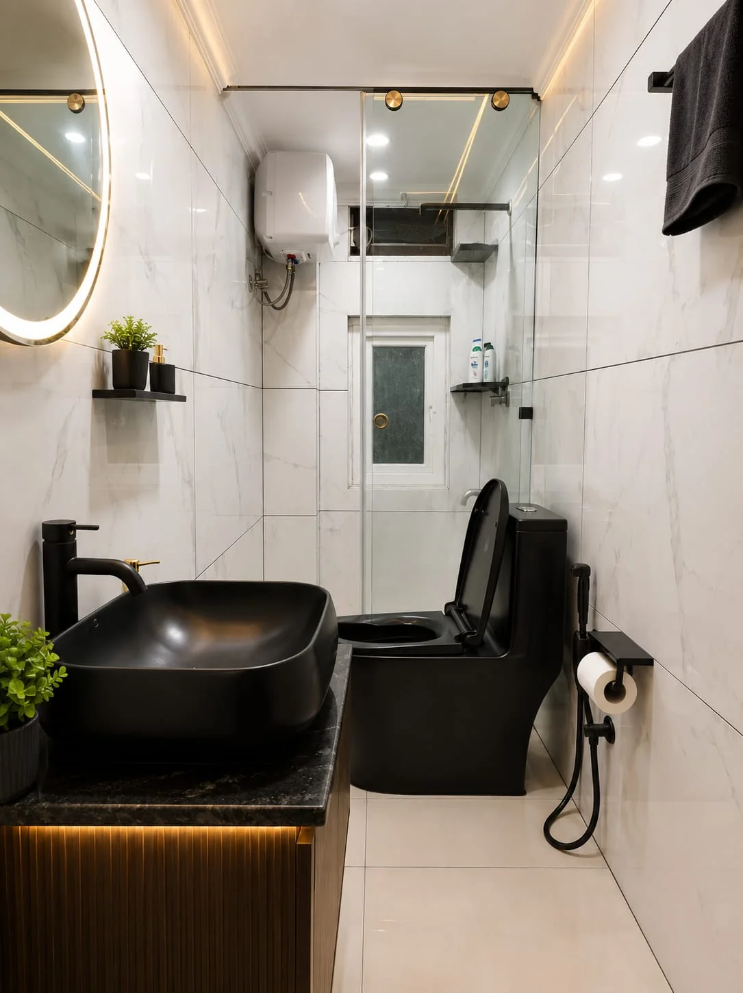 Marble bathroom with matte-black fittings