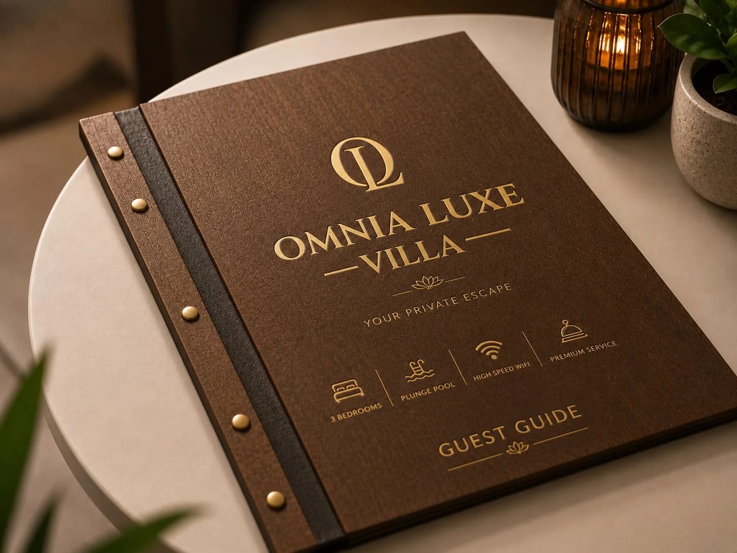 Embossed leather Omnia Luxe Villa guest guide on a side table — the host's welcome in every stay