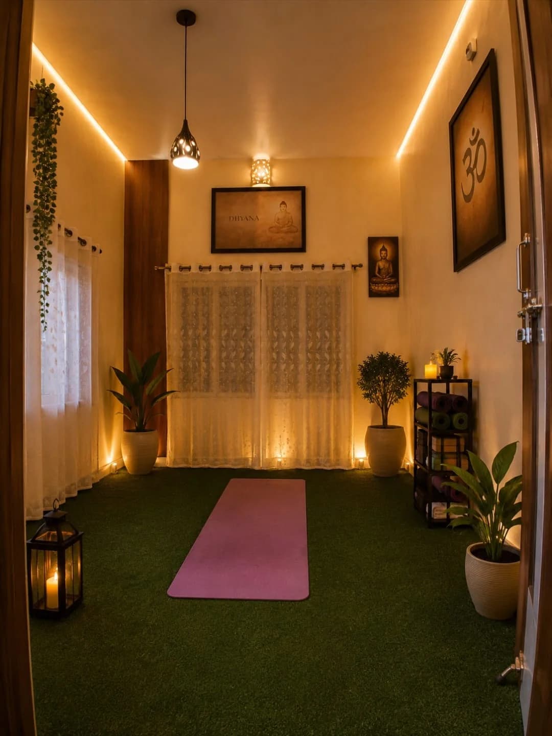 Dhyana yoga and meditation room, candle-lit